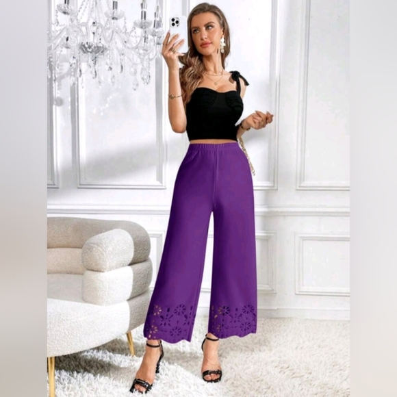 Women Elastic Waist Hollow Design Wide Leg Loose Pants - Picture 4 of 5